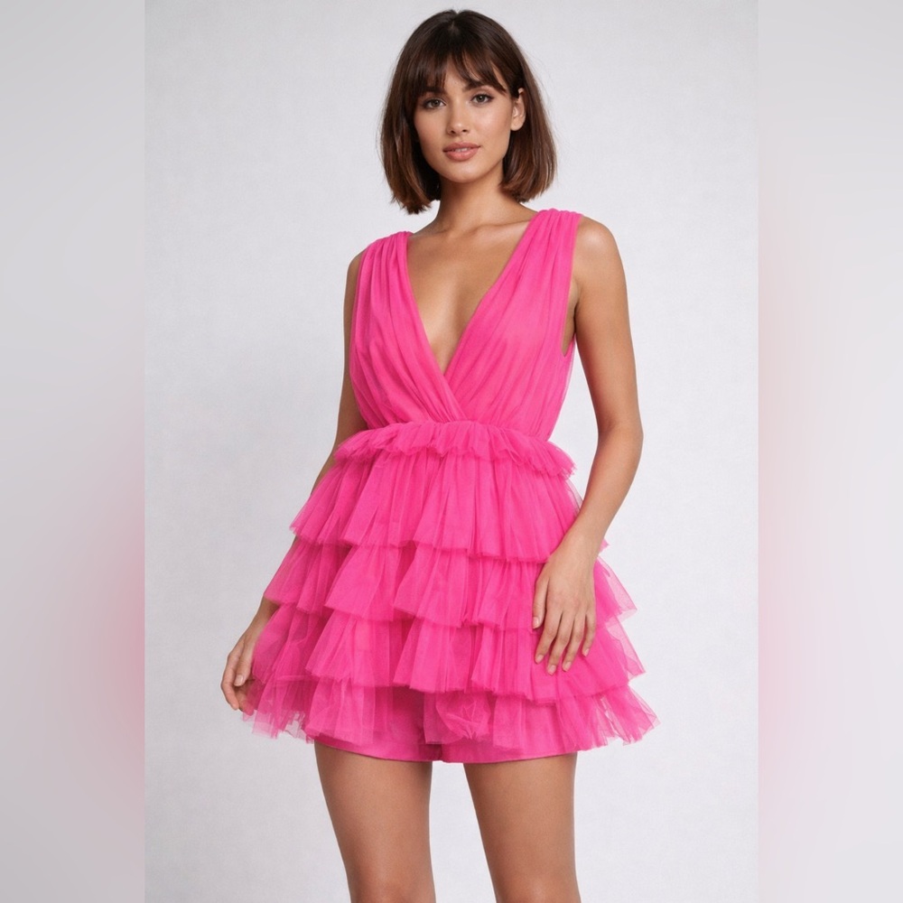 Plunging V-Neck Tiered Mini Dress in Hot Pink